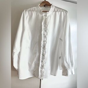 Old Navy White Cotton Classic Pleated Ruffled Button Down Blouse